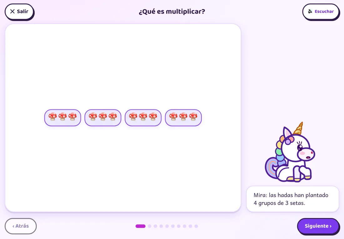 Pantalla de lección por grupos: cuatro grupos de tres setas
